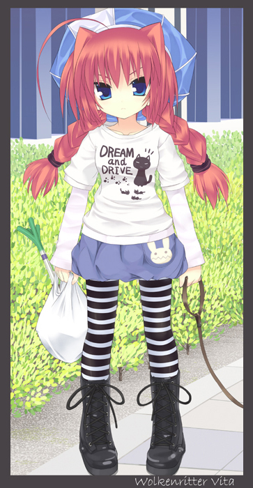 kanna ryouto, vita (nanoha), lyrical nanoha, mahou shoujo lyrical nanoha, mahou shoujo lyrical nanoha a's, 00s, 1girl, female focus, pantyhose, shirt, solo, striped clothes, striped pantyhose, t-shirt