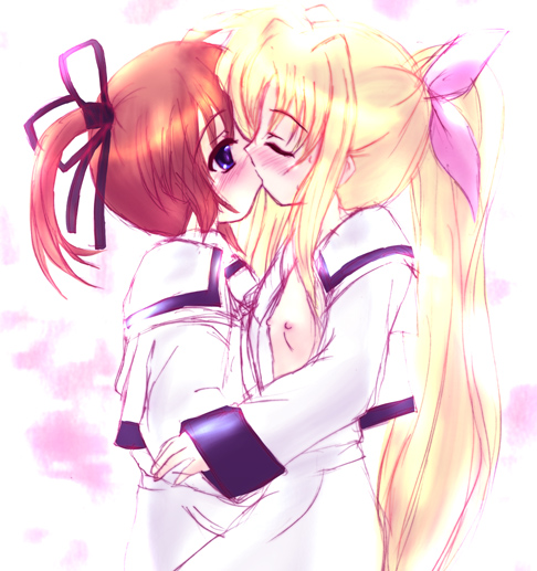 shaian, fate testarossa, takamachi nanoha, lyrical nanoha, mahou shoujo lyrical nanoha, mahou shoujo lyrical nanoha a's, seven arcs, 00s, 2girls, female focus, flat chest, kiss, loli, long sleeves, multiple girls, nipples, school uniform, serafuku, sleeves past wrists, yuri