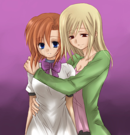 ryuuguu rena, takano miyo, higurashi no naku koro ni, lowres, 00s, 2girls, age difference, blonde hair, blue eyes, brown hair, dress, light smile, long hair, multiple girls, parted lips, red eyes, ribbon, short hair, simple background, tears, yuri
