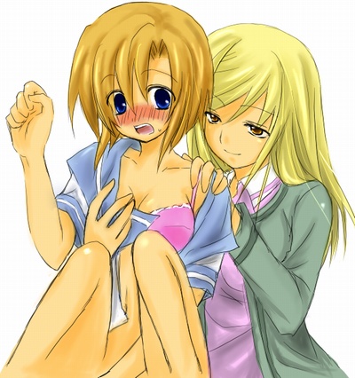 ryuuguu rena, takano miyo, higurashi no naku koro ni, hand on shoulder, lowres, 00s, 2girls, age difference, blonde hair, blue eyes, blush, bra, brown eyes, embarrassed, hand on breast, lingerie, long hair, looking at another, multiple girls, open mouth, orange hair, pink bra, school uniform, serafuku, short hair, simple background, smile, underwear, undressing, yuri
