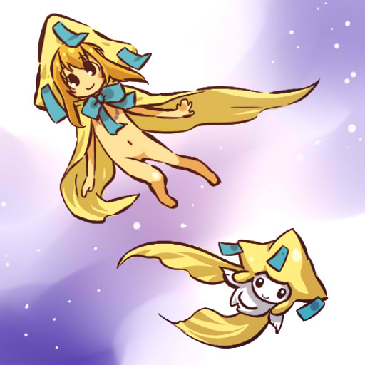 hitec, jirachi, moemon, nintendo, pokemon, pokemon rse, 00s, 1girl, barefoot, blonde hair, blush stickers, bow, cape, costume, creature and personification, gen 3 pokemon, hat, legendary pokemon, mythical pokemon, naked cape, navel, personification, pokemon (creature), smile, star (sky), star (symbol)