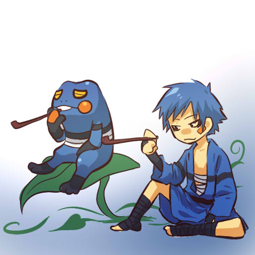 hitec, croagunk, moemon, nintendo, pokemon, pokemon dppt, 00s, 1boy, bandages, blue hair, creature and personification, gen 4 pokemon, kiseru, male focus, personification, pokemon (creature), simple background, sitting, smoking, smoking pipe