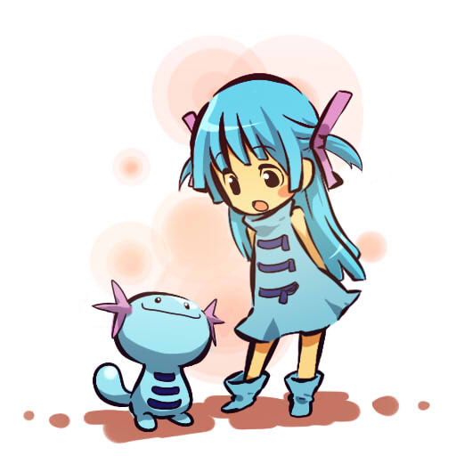 hitec, wooper, moemon, nintendo, pokemon, pokemon gsc, 1990s (style), 1girl, :o, arms behind back, black eyes, blue hair, blush stickers, creature and personification, dress, gen 2 pokemon, long hair, looking down, looking up, personification, pokemon (creature), retro artstyle, sexual dimorphism, short twintails, simple background, smile, twintails, two side up, zipper