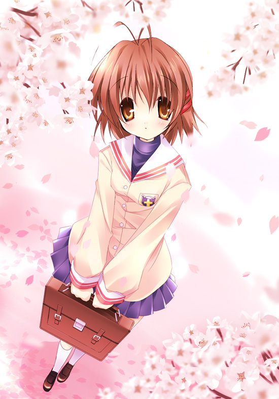 paco, furukawa nagisa, clannad, 00s, antenna hair, bag, brown eyes, brown hair, cherry blossoms, flower, petals, school bag, school uniform, serafuku, short hair, skirt, solo
