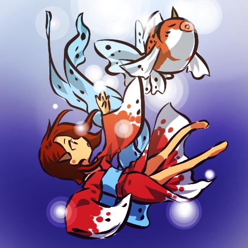 hitec, seaking, moemon, nintendo, pokemon, pokemon rgby, 1990s (style), 1girl, barefoot, costume, creature and personification, fish, gen 1 pokemon, hair ornament, hairclip, japanese clothes, kimono, legs, personification, pokemon (creature), red hair, red kimono, retro artstyle, ribbon, short hair, water, yukata