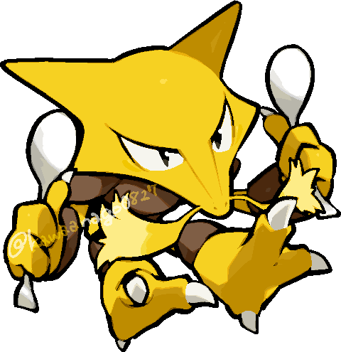 kawaanago, alakazam, nintendo, pokemon, commentary request, lowres, chibi, chibi only, facial hair, full body, gen 1 pokemon, holding, holding spoon, mustache, nostrils, pokemon (creature), pokemon focus, solo, spoon, transparent background, twitter username