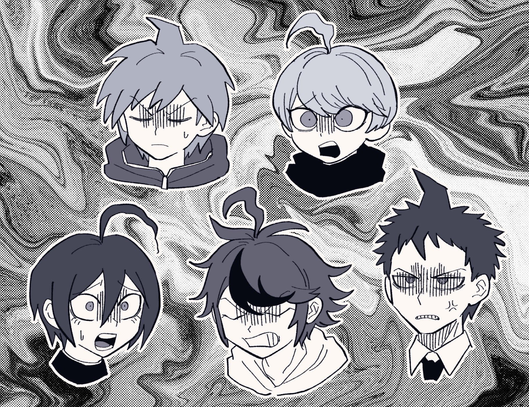 furukawa (yomawari), hinata hajime, naegi makoto, saihara shuichi, sumino takumi, yuma kokohead, danganronpa: trigger happy havoc, danganronpa (series), danganronpa 2: goodbye despair, danganronpa v3: killing harmony, master detective archives: rain code, the hundred line -last defense academy-, highres, 5boys, ahoge, anger vein, clenched teeth, closed eyes, creator connection, despair, frown, greyscale, head only, male focus, monochrome, multicolored hair, multiple boys, open mouth, short hair, streaked hair, sweatdrop, teeth, wide-eyed