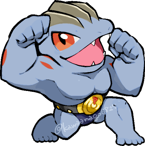 kawaanago, machoke, nintendo, pokemon, commentary request, lowres, belt, chibi, chibi only, fangs, full body, gen 1 pokemon, muscular, nostrils, open mouth, pokemon (creature), pokemon focus, red eyes, smile, solo, transparent background, twitter username