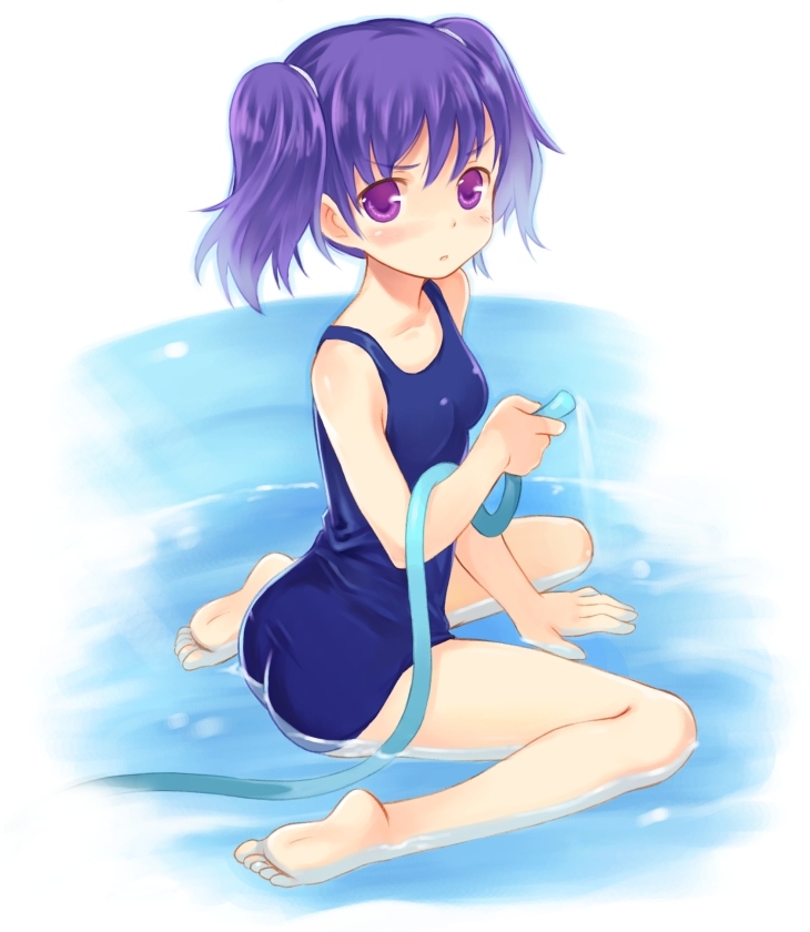 kurasuke, original, 1girl, barefoot, feet, female focus, frown, hose, one-piece swimsuit, purple eyes, purple hair, school swimsuit, sitting, solo, swimsuit, twintails, wariza, water