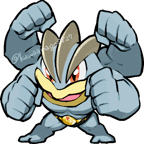 kawaanago, machamp, nintendo, pokemon, commentary request, lowres, 1boy, chibi, chibi only, clenched hands, extra arms, full body, gen 1 pokemon, male focus, muscular, open mouth, pokemon (creature), pokemon focus, red eyes, solo, transparent background, twitter username