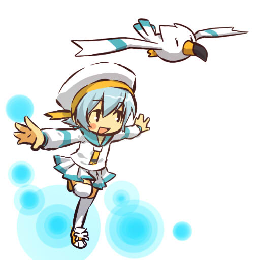 hitec, wingull, moemon, nintendo, pokemon, pokemon rse, uniform, 00s, 1girl, blue hair, blush stickers, child, creature and personification, gen 3 pokemon, hat, open mouth, outstretched arms, personification, pokemon (creature), running, sailor hat, skirt, smile, thighhighs, wings