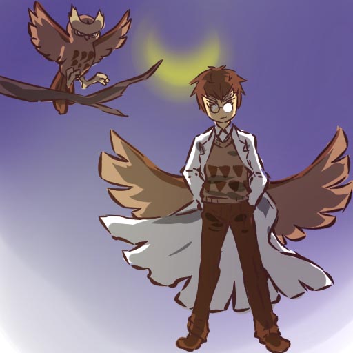 hitec, noctowl, moemon, nintendo, pokemon, pokemon gsc, 1990s (style), 1boy, bird, brown hair, coat, costume, creature and personification, crescent moon, gen 2 pokemon, glasses, male focus, moon, owl, personification, pokemon (creature), retro artstyle, short hair, simple background, standing, sweater, wings