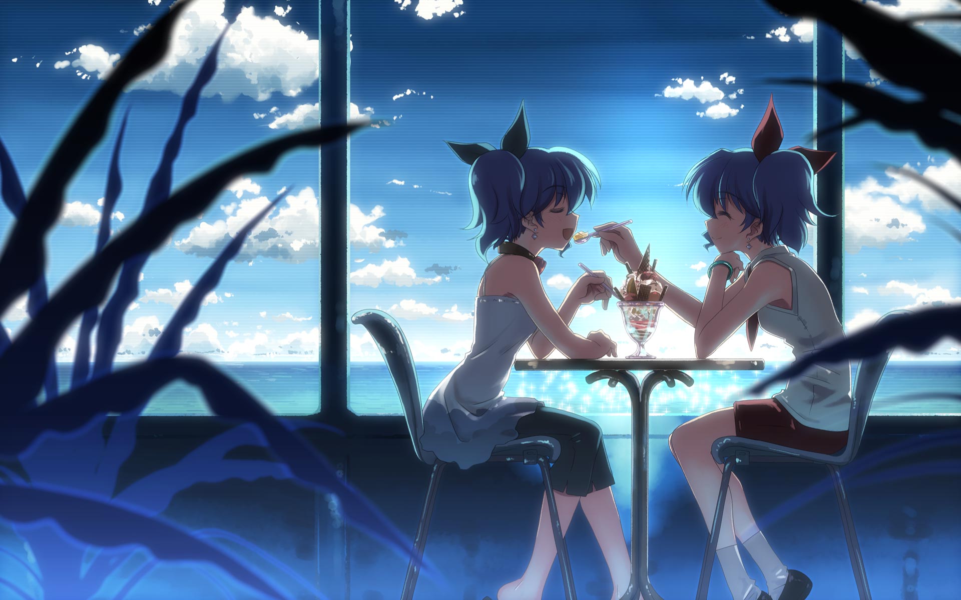 seha, yuuki tatsuya, djmax, djmax portable, ladymade star, original, highres, 2girls, blue hair, blurry, bracelet, chair, closed eyes, cloud, day, depth of field, earrings, eating, feeding, food, from side, hair ribbon, holding, holding spoon, ice cream, jewelry, multiple girls, necktie, open mouth, profile, ribbon, shirt, shoes, siblings, side ponytail, sisters, sitting, sky, sleeveless, smile, socks, spoon, sundae, table, twins, water