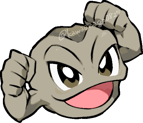 kawaanago, geodude, nintendo, pokemon, commentary request, lowres, chibi, chibi only, clenched hands, full body, gen 1 pokemon, no humans, open mouth, pokemon (creature), pokemon focus, smile, solo, transparent background, twitter username