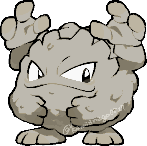 kawaanago, graveler, nintendo, pokemon, commentary request, lowres, chibi, chibi only, closed mouth, extra arms, full body, gen 1 pokemon, pokemon (creature), pokemon focus, smile, solo, transparent background, twitter username