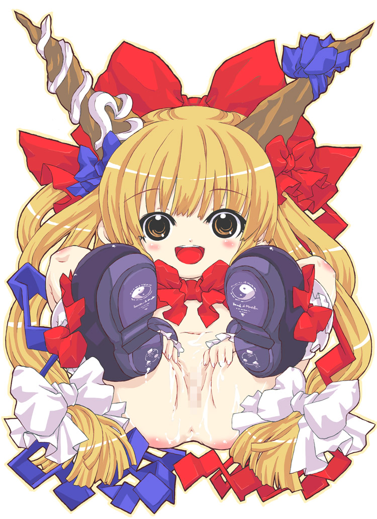 tm (gf-tm), ibuki suika, touhou, bad id, bad pixiv id, 1girl, censored, female focus, horns, loli, long hair, pussy, ribbon, solo