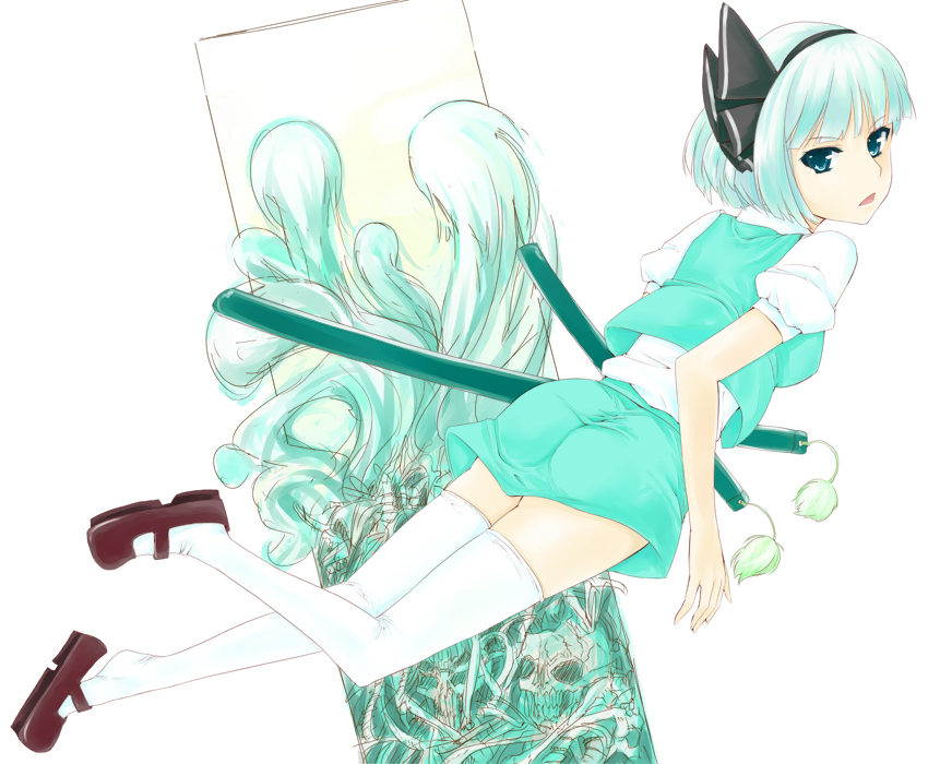 natsui, konpaku youmu, touhou, bad id, bad pixiv id, 1girl, ass, female focus, flower, full body, katana, ribbon, school uniform, serafuku, short hair, skirt, solo, sword, weapon, white background