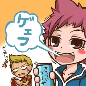 emu (toran), kumatora, lucas (mother 3), mother (series), mother 3, nintendo, lowres, 1boy, 1girl, black eyes, blonde hair, blush stickers, burp, can, drink, fang, open mouth, pink hair, quiff, red hair, short hair, sweatdrop