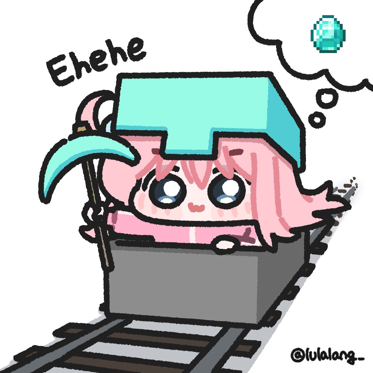 lulalang, gotoh hitori, bocchi the rock!, minecraft, 1girl, :3, chibi, helmet, holding, minecart, pickaxe, pink hair, railroad tracks, solo, speech bubble, thought bubble