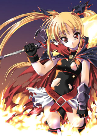 ootori mahiro, ootori mahiru, bardiche (nanoha), bardiche (zanber form) (nanoha), fate testarossa, fate testarossa (lightning form), lyrical nanoha, mahou shoujo lyrical nanoha, mahou shoujo lyrical nanoha a's, lowres, 00s, 1girl, belt, blonde hair, bodysuit, buckle, cape, contrapposto, female focus, fire, head tilt, leotard, long hair, looking at viewer, red eyes, sidelocks, skin tight, solo, standing, twintails, very long hair