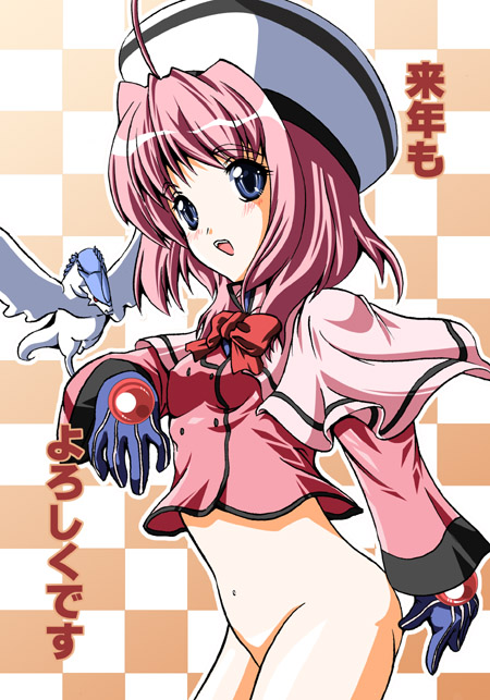 ootori mahiro, ootori mahiru, caro ru lushe, friedrich (nanoha), kerykeion (nanoha), lyrical nanoha, mahou shoujo lyrical nanoha, mahou shoujo lyrical nanoha strikers, 00s, 1girl, :d, black gloves, bottomless, bow, bowtie, brooch, checkered background, cowboy shot, gem, gloves, groin, jewelry, loli, midriff, navel, open mouth, pink hair, red bow, red bowtie, short hair, simple background, smile, stomach