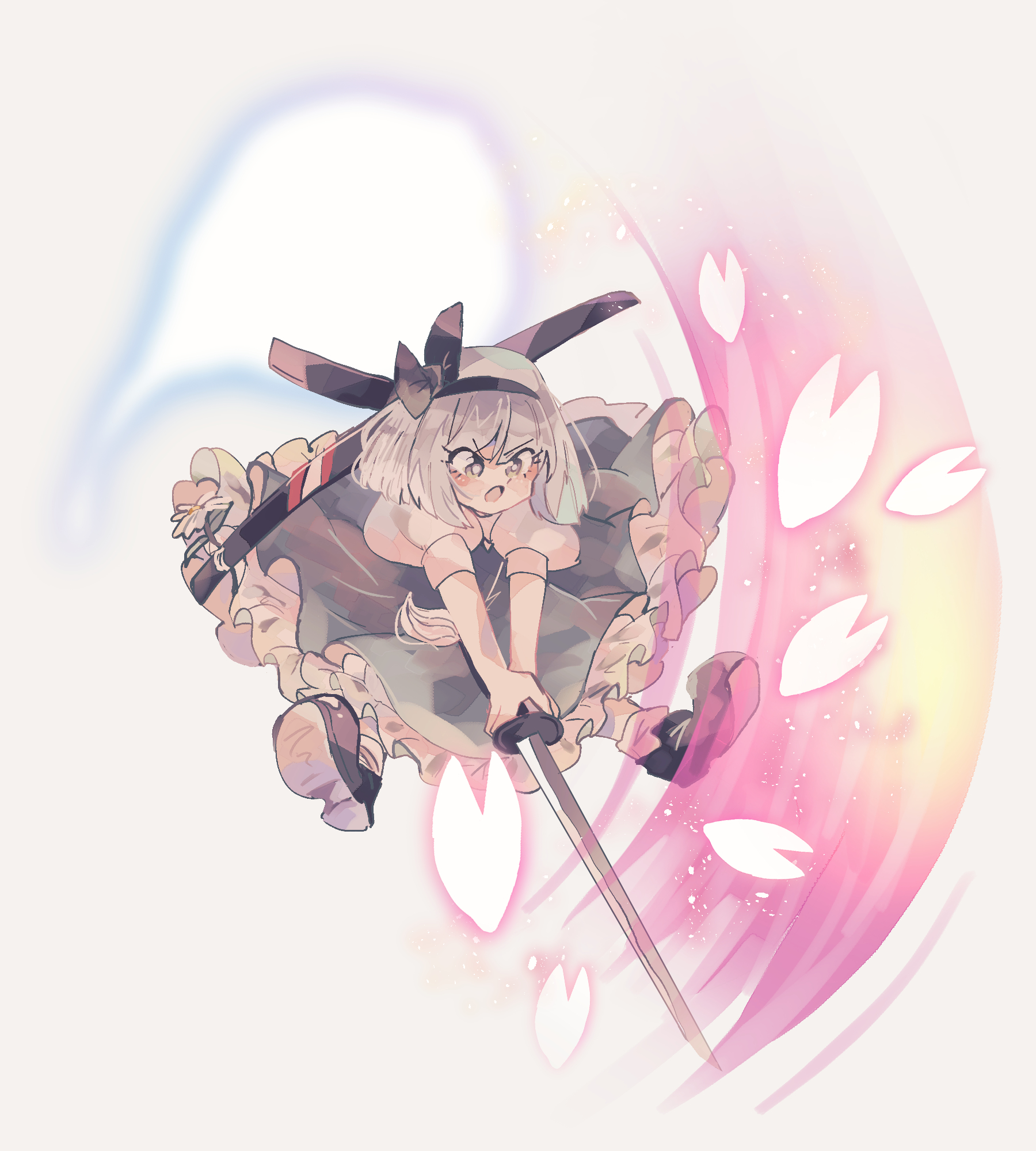ratto (mobilis 1870), konpaku youmu, konpaku youmu (ghost), touhou, commentary request, highres, 1girl, black boots, black hairband, black ribbon, blush, boots, flower, frilled skirt, frills, glowing, glowing petals, green eyes, green skirt, grey hair, hair ribbon, hairband, holding, holding sword, holding weapon, medium hair, open mouth, petals, pink petals, puffy short sleeves, puffy sleeves, ribbon, scabbard, sheath, shirt, short sleeves, skirt, slashing, solo, sword, weapon, white flower, white shirt, yellow background