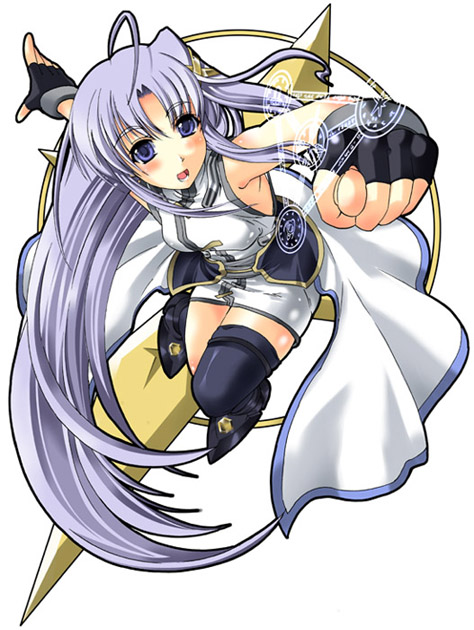 ootori mahiro, ootori mahiru, reinforce zwei, schwertkreuz, lyrical nanoha, mahou shoujo lyrical nanoha, mahou shoujo lyrical nanoha strikers, 00s, 1girl, ahoge, asymmetrical clothes, asymmetrical legwear, blush, female focus, fingerless gloves, gloves, hair ornament, long hair, magic circle, magical girl, mini person, minigirl, miniskirt, purple eyes, purple hair, single thighhigh, skirt, solo, thighhighs, uneven legwear, very long hair, waist cape, x hair ornament, zettai ryouiki