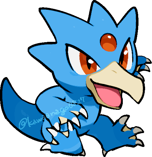 kawaanago, golduck, nintendo, pokemon, commentary request, lowres, chibi, chibi only, claws, forehead jewel, full body, gen 1 pokemon, no humans, open mouth, pokemon (creature), pokemon focus, red eyes, solo, transparent background, twitter username, v-shaped eyes, webbed feet, webbed hands