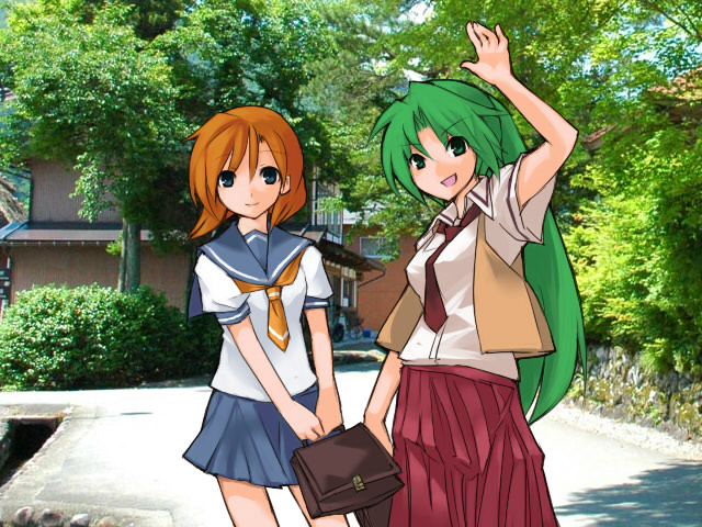 ryuuguu rena, sonozaki mion, higurashi no naku koro ni, 00s, 2girls, bag, blue eyes, brown hair, green eyes, green hair, long hair, multiple girls, necktie, ponytail, red necktie, school bag, school uniform, serafuku, short hair