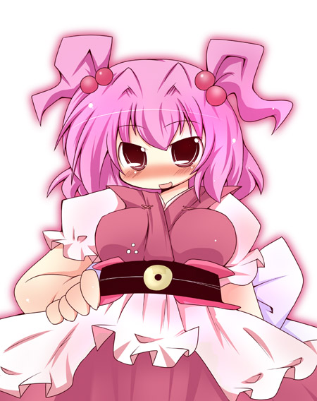 muuba, onozuka komachi, touhou, 1girl, :o, alternate color, blush, breasts, dress, female focus, hair bobbles, hair ornament, large breasts, looking at viewer, obi, open mouth, pink hair, red dress, red eyes, sash, short hair, solo, twintails, two side up, underbust