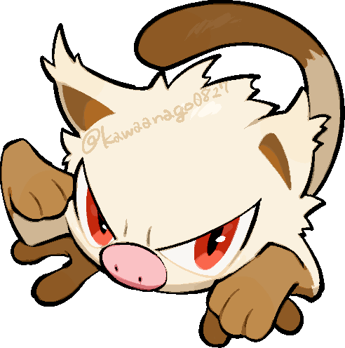 kawaanago, mankey, nintendo, pokemon, commentary request, lowres, animal focus, chibi, chibi only, full body, gen 1 pokemon, no humans, nostrils, pokemon (creature), pokemon focus, red eyes, solo, transparent background, twitter username, v-shaped eyes
