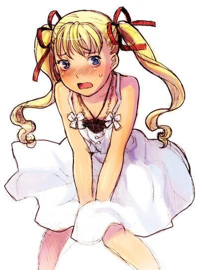 nekomata naomi, blonde hair, blue eyes, blush, dress, embarrassed, flat chest, hair ribbon, long hair, open mouth, ribbon, sketch, solo, sweatdrop, twintails