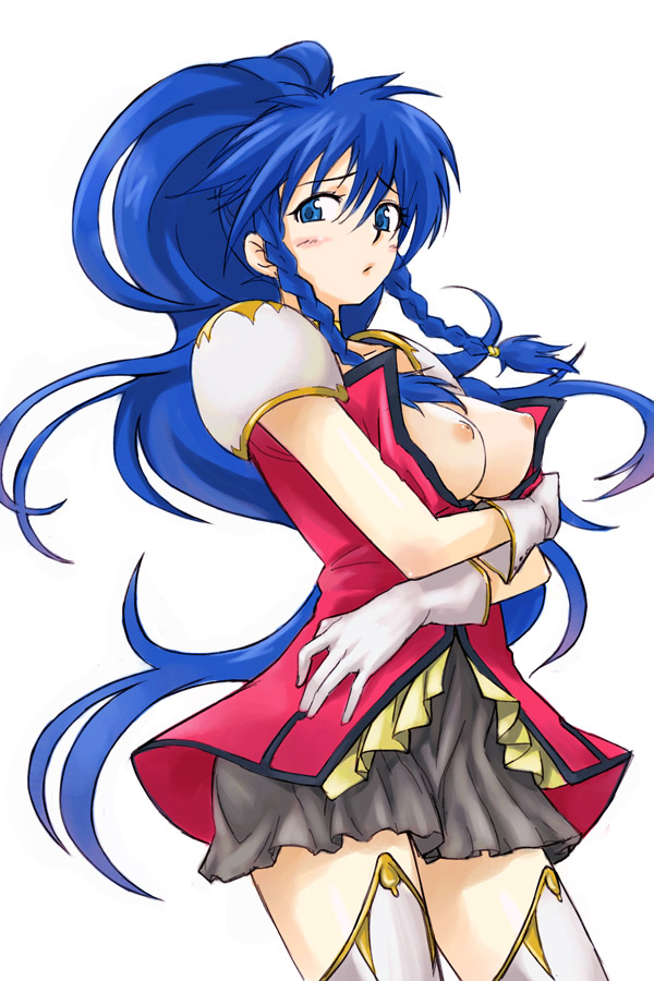 michael f91, tana (fire emblem), fire emblem, fire emblem: the sacred stones, nintendo, pegasus knight uniform (fire emblem), 1girl, blouse, blue eyes, blue hair, boots, braid, breasts, breasts out, breasts squeezed together, female focus, gloves, large breasts, long hair, matching hair/eyes, nipples, open clothes, open shirt, ponytail, shirt, side braid, solo, thigh boots, thighhighs, twin braids, very long hair, zettai ryouiki