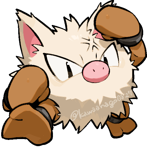 kawaanago, primeape, nintendo, pokemon, commentary request, lowres, anger vein, anklet, arm up, bracelet, chibi, chibi only, full body, gen 1 pokemon, jewelry, nostrils, pokemon (creature), pokemon focus, solo, transparent background, twitter username, v-shaped eyes