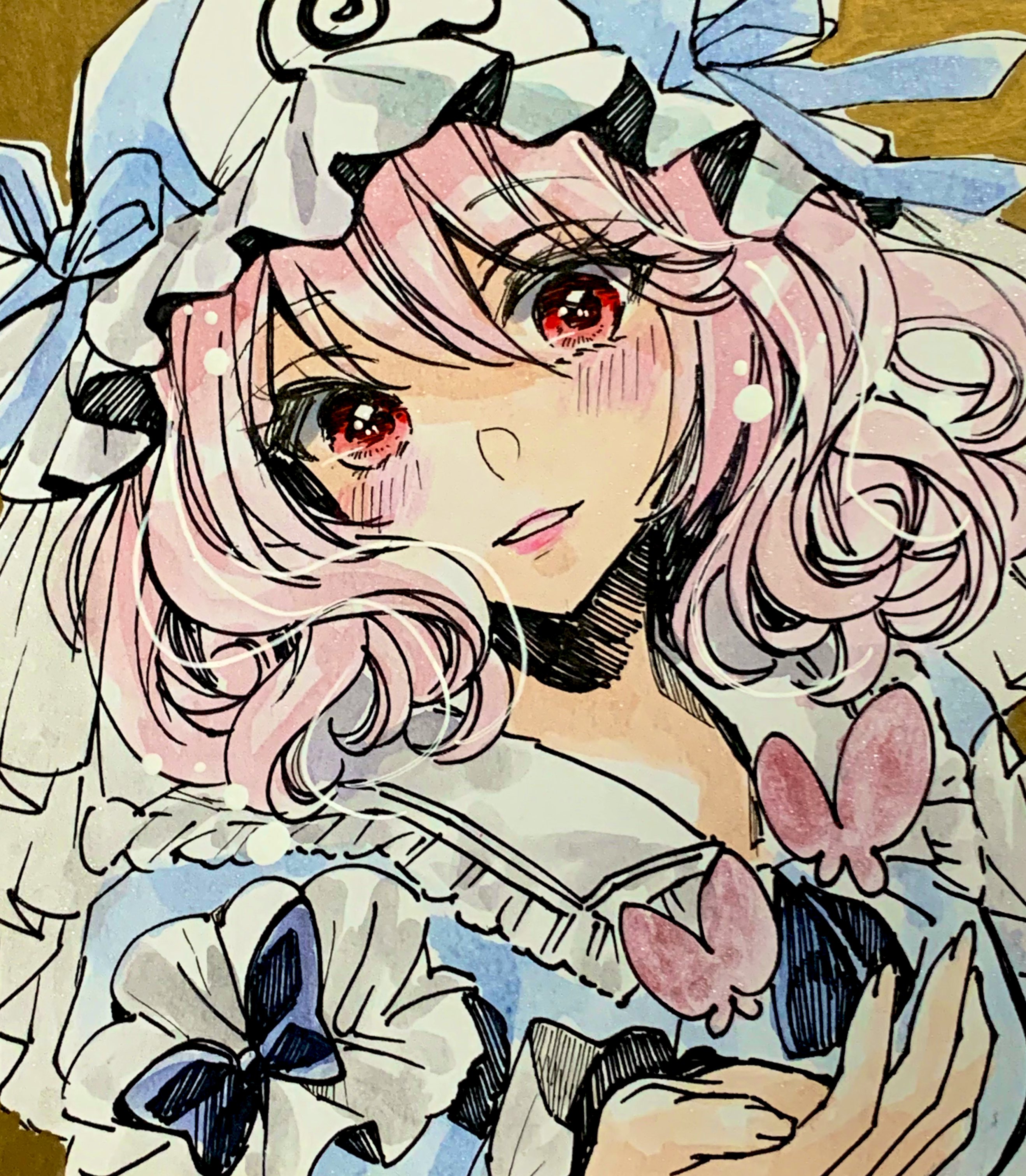 iori (akaringo), saigyouji yuyuko, touhou, absurdres, highres, traditional media, 1girl, blue hat, blue kimono, blush, bug, butterfly, frilled kimono, frills, hat, insect, japanese clothes, kimono, looking at viewer, medium hair, mob cap, pink hair, pink lips, portrait, red eyes, solo, triangular headpiece
