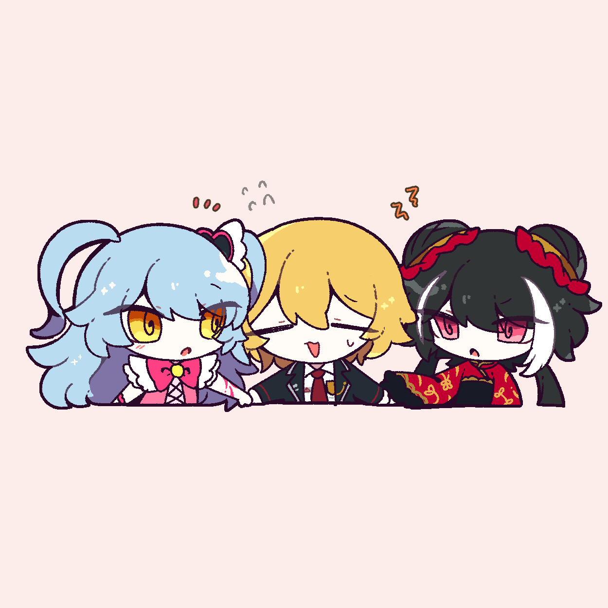x c om, don quixote (project moon), jia xichun (project moon), queen of hatred, limbus company, project moon, highres, 3girls, black coat, black dress, black hair, blonde hair, blue hair, bow, bowtie, chibi, chinese clothes, closed eyes, coat, collared shirt, double bun, dress, hair bun, hair ornament, heart, heart hair ornament, holding hands, long hair, long sleeves, looking at another, magical girl, multicolored hair, multiple girls, necktie, open mouth, pink background, pink bow, pink bowtie, pink eyes, pink vest, red necktie, red shrug, shirt, short hair, shrug (clothing), simple background, streaked hair, twintails, two side up, upper body, vest, white shirt, yellow eyes