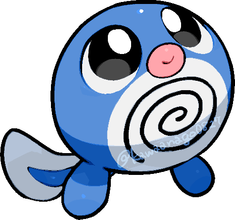 kawaanago, poliwag, nintendo, pokemon, commentary request, lowres, black eyes, bright pupils, chibi, chibi only, closed mouth, full body, gen 1 pokemon, no humans, pokemon (creature), pokemon focus, smile, solo, transparent background, twitter username, white pupils