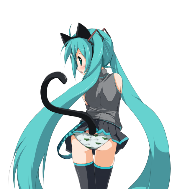 kosumo, hatsune miku, vocaloid, 1girl, animal ears, aqua hair, ass, cat ears, cat tail, female focus, long hair, panties, print panties, solo, spring onion, tail, thighhighs, twintails, underwear, very long hair