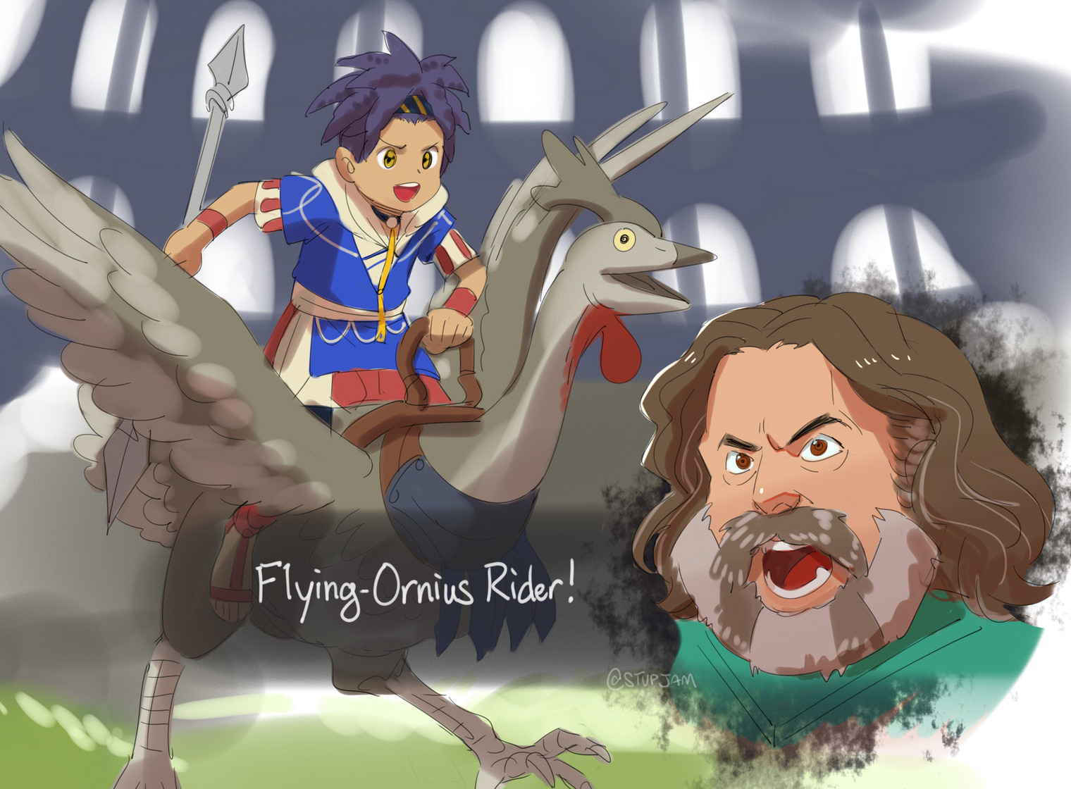 stup-jam, cai (fire emblem), jack black, steve (minecraft), a minecraft movie, fire emblem, fire emblem: fortune's weave, minecraft, nintendo, 1other, 2boys, bird, blue hair, blue hoodie, chicken, chicken jockey (meme), dark-skinned male, dark skin, holding, holding polearm, holding weapon, hood, hood down, hoodie, meme, multiple boys, polearm, two-tone hoodie, weapon, white hoodie, yellow eyes