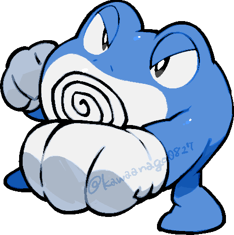 kawaanago, poliwrath, nintendo, pokemon, commentary request, lowres, black eyes, bright pupils, chibi, chibi only, clenched hands, full body, gen 1 pokemon, no humans, nostrils, pokemon (creature), pokemon focus, punching, solo, transparent background, twitter username, white pupils