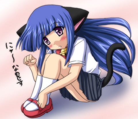 furude rika, higurashi no naku koro ni, lowres, translated, 00s, animal ears, bell, blue hair, bow, cat ears, cat tail, long hair, paw pose, shoes, sitting, socks, solo, tail