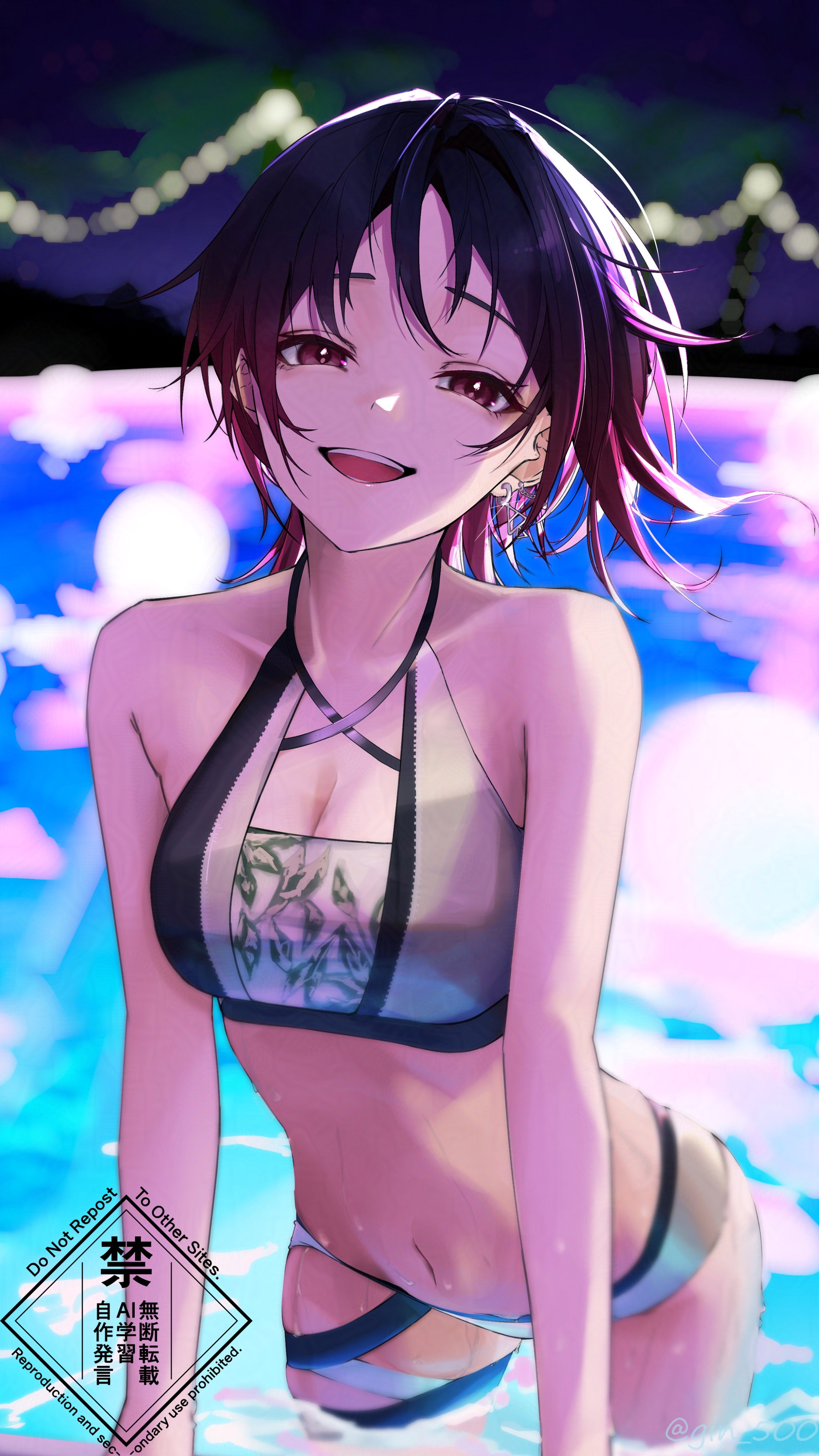 ronogi, kisaragi ren (vspo! summer 2024), kisaragi ren (vtuber), iris black games, vspo!, absurdres, highres, 1girl, bikini, black bikini, black hair, blurry, blurry background, breasts, cleavage, cowboy shot, criss-cross halter, earrings, gradient hair, grey bikini, halterneck, jewelry, leaf print, multi-strapped bikini top, multicolored bikini, multicolored hair, navel, neon lights, open mouth, pool, red eyes, red hair, short hair, single earring, smile, solo, swimsuit, two-tone bikini, virtual youtuber, zipper bikini