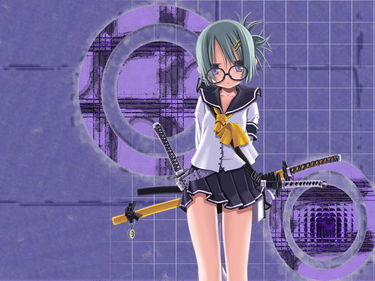 sakuya tsuitachi, original, blue eyes, glasses, green hair, katana, necktie, school uniform, serafuku, short hair, skirt, solo, square-end necktie, sword, weapon