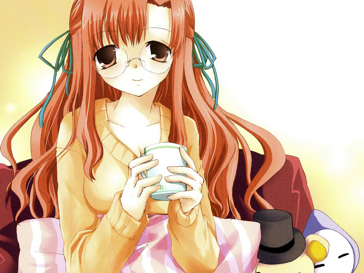 coffee, glasses, pillow, ribbon, solo, stuffed animal, stuffed toy, sweater