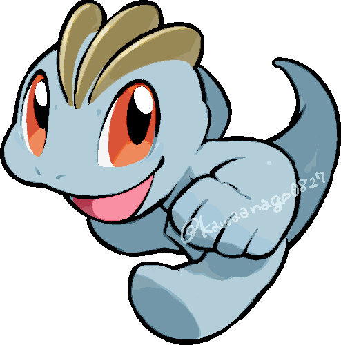 kawaanago, machop, nintendo, pokemon, commentary request, lowres, chibi, chibi only, full body, gen 1 pokemon, nostrils, open mouth, pokemon (creature), pokemon focus, red eyes, smile, solo, transparent background, twitter username