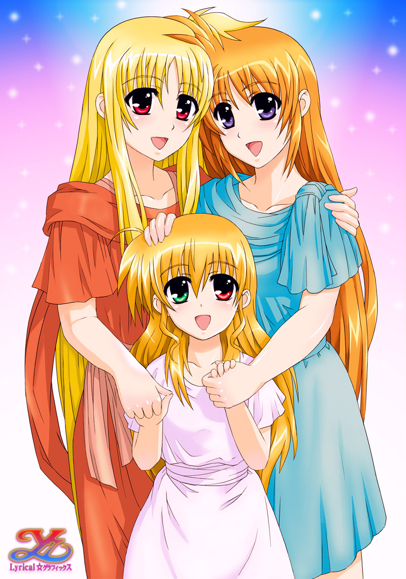 shirogane kihen, fate testarossa, feena (ys), lilia, lilia (ys), reah (ys), takamachi nanoha, vivio, ancient ys vanished, lyrical nanoha, mahou shoujo lyrical nanoha, mahou shoujo lyrical nanoha strikers, ys, 3girls, blonde hair, blush, cosplay, dress, feena (ys) (cosplay), heterochromia, lilia (cosplay), lilia (ys) (cosplay), long hair, multiple girls, parody, purple eyes, reah (cosplay), reah (ys) (cosplay), red eyes, smile, very long hair
