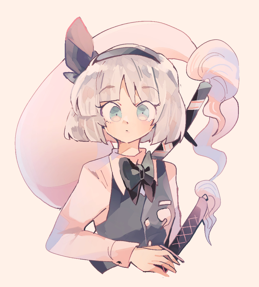 ratto (mobilis 1870), konpaku youmu, konpaku youmu (ghost), touhou, commentary request, 1girl, black bow, black bowtie, black hairband, black ribbon, bow, bowtie, buttons, collared shirt, dot pupils, ghost print, green eyes, green vest, grey hair, hair ribbon, hairband, holding, holding sheath, light blush, long sleeves, looking at viewer, orange background, ribbon, sheath, sheathed, shirt, short hair, solo, sword tassel, tassel, upper body, vest, white shirt