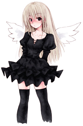 fuyube rion, lowres, blonde hair, blush, dress, flat chest, solo, thighhighs, wings
