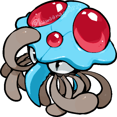 kawaanago, tentacruel, nintendo, pokemon, commentary request, lowres, animal focus, chibi, chibi only, full body, gen 1 pokemon, no humans, pokemon (creature), pokemon focus, solo, tentacles, transparent background, twitter username
