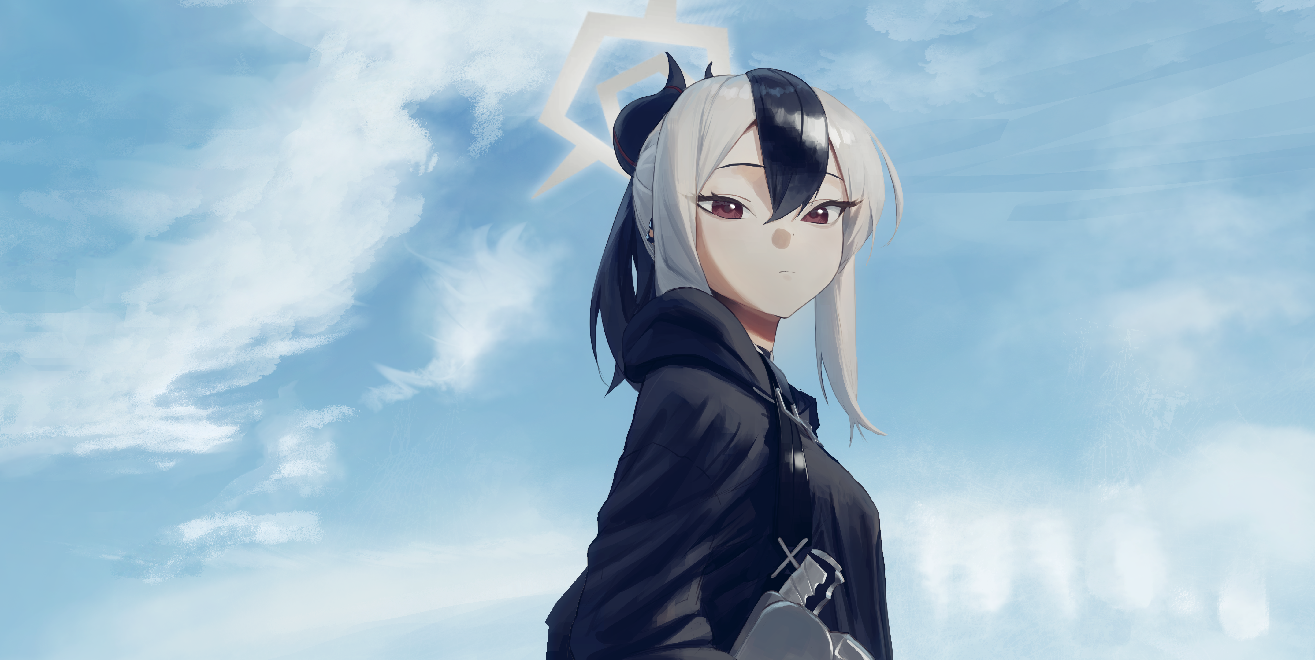 rifu002, kayoko (blue archive), blue archive, absurdres, highres, 1girl, black hair, black hoodie, closed mouth, demon girl, demon horns, earclip, grey halo, hair between eyes, halo, hood, hoodie, horns, long hair, looking at viewer, multicolored hair, red eyes, sidelocks, solo, two-tone hair, white hair